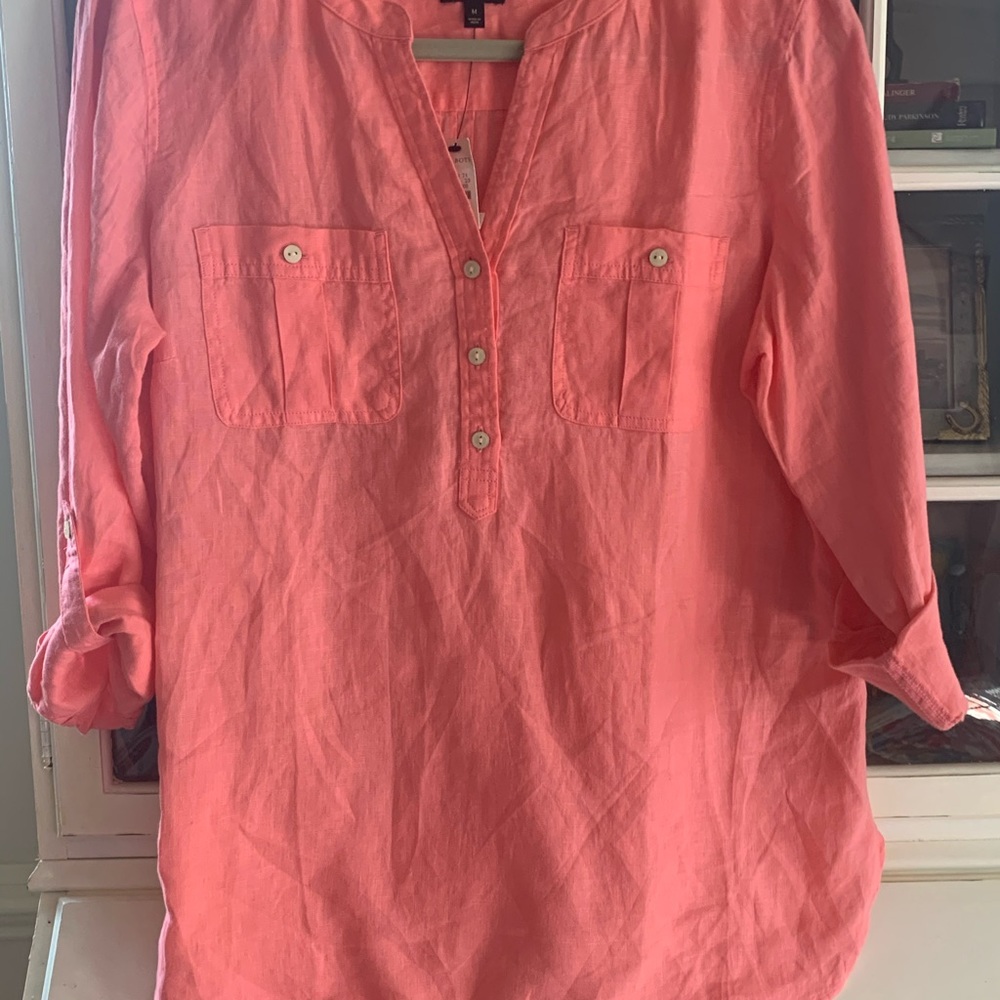 Talbots pink linen popover - M